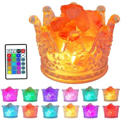 FANHAO Crown - Lámpara de sal del Himalaya, 16 colores, lámpara de roca de sal con brillo remoto ajustable, luz nocturna USB de cristal natural para iluminación, decoración y regalos