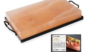UMAID 12 x 8 Natural Himalaya bloque de sal placa de cocción, Kosher y FDA certificado de calidad alimentaria de sal en un soporte de acero Set con libro de recetas